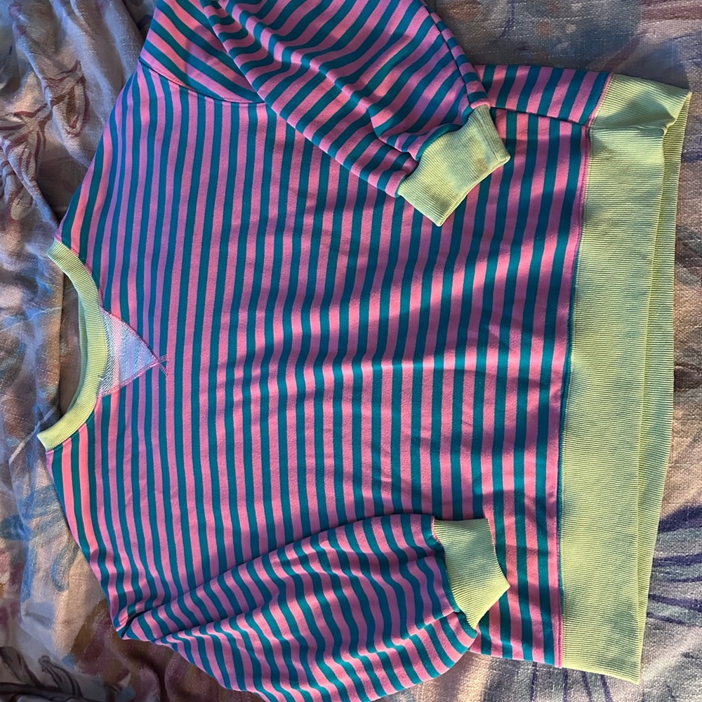 Striped Pink and Blue Sweatshirt with Yellow Accents